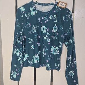Title Nine Womens Ariel Floral Rashguard Top‎ Large Teal Swim Beach Vacation